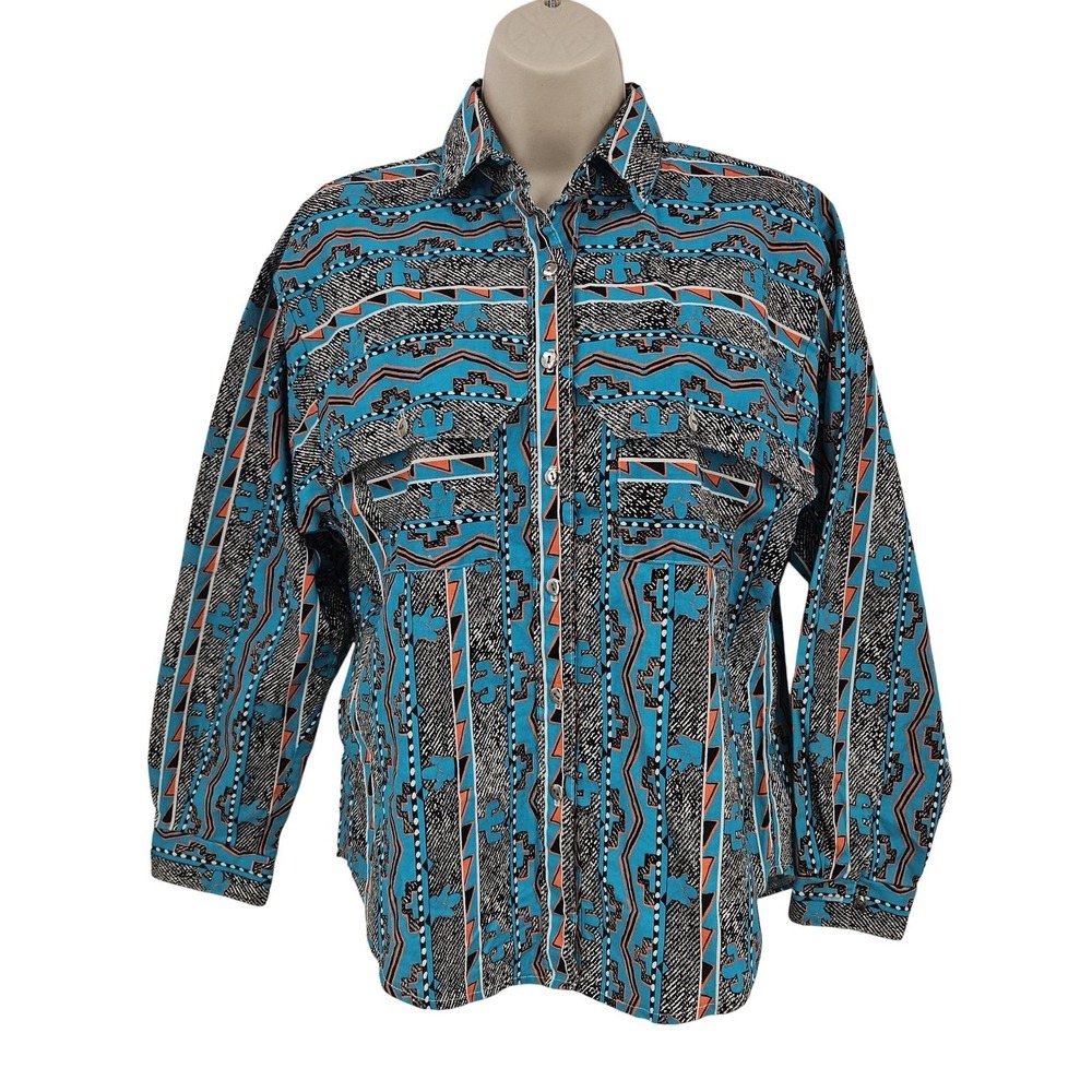 VTG Roughrider Shirt Men M Turquoise Aztec Western Snap USA‎ 90s Cowboy Rodeo